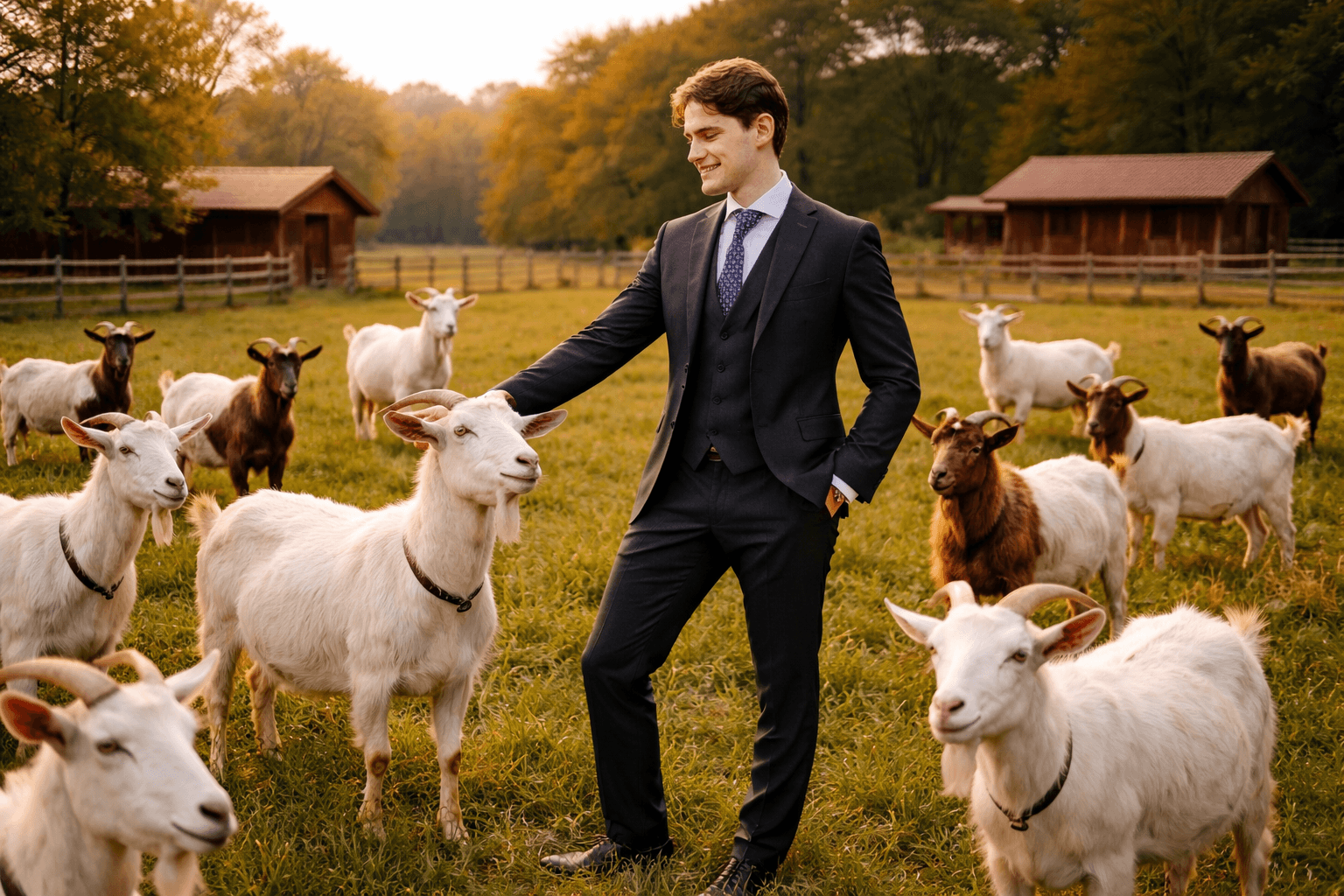 Portait de Renaud entouré de chèvre pour montrer qu\'il est le "Goat" (Greatest Of All Time) des développeurs.