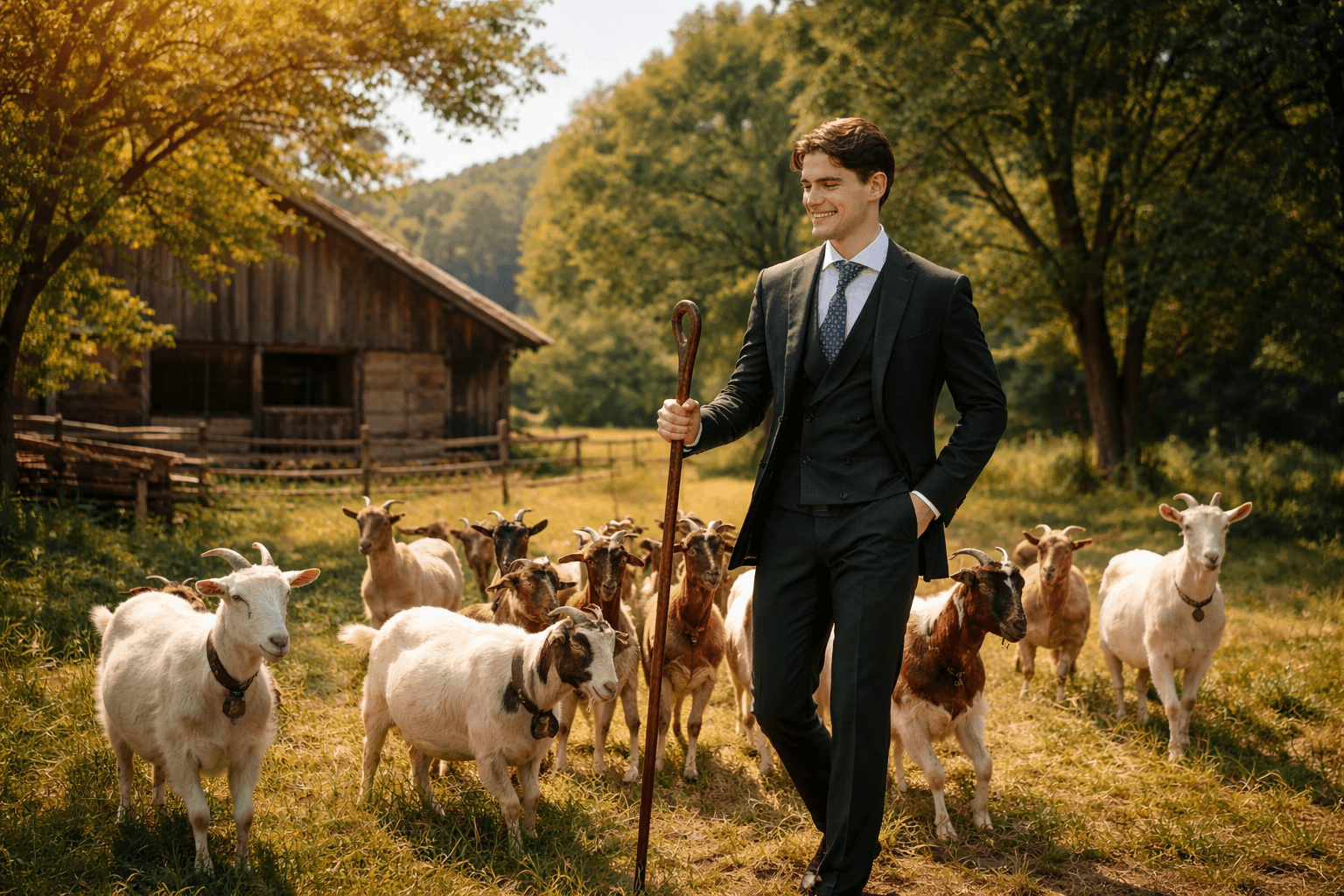 Portait de Renaud entouré de chèvre pour montrer qu\'il est le "Goat" (Greatest Of All Time) des développeurs.