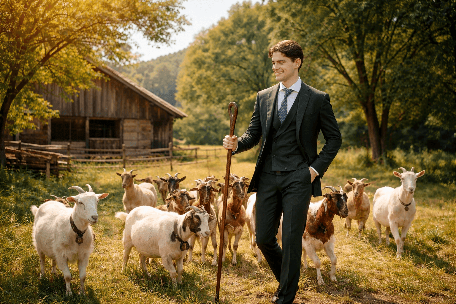 Portait de Renaud entouré de chèvre pour montrer qu\'il est le "Goat" (Greatest Of All Time) des développeurs.